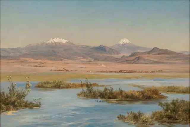 Lago y volcanes en el fondo