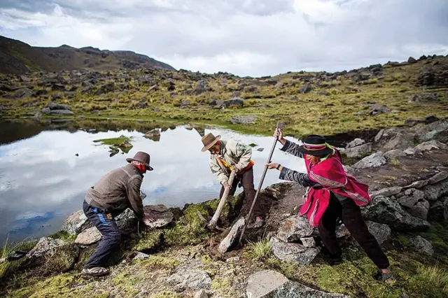 Campesinos ampliando los bordes de una laguna