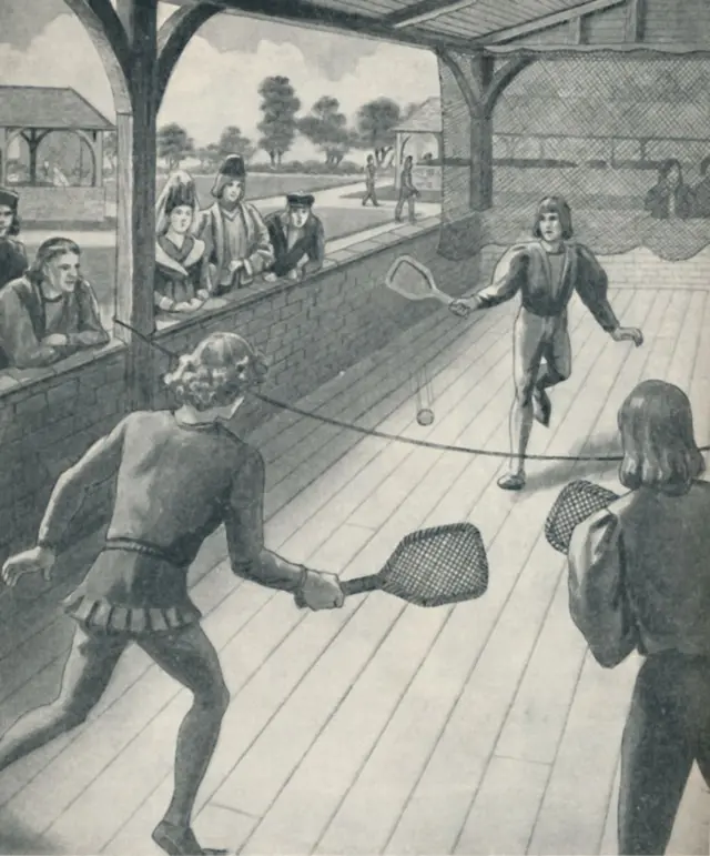 Ilustración de un juego de tenis en la época de Enrique VIII