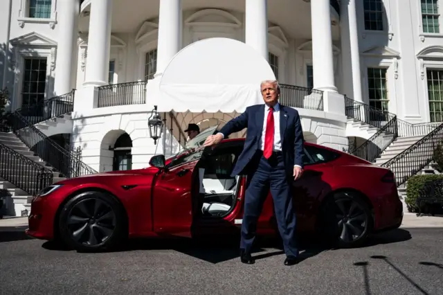 Donald Trump junto a un Tesla frente a la Casa Blanca