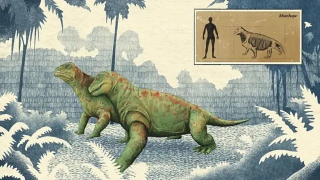 Una ilustración en la que se ven dos Moschops, lagartos cuadrúpedos verdes con manchas rojas, cuya altura llega al pecho de una persona.