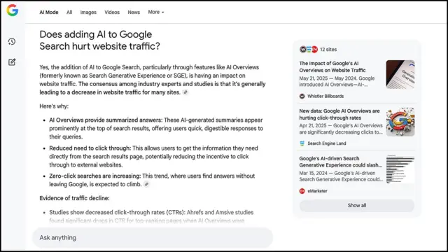 Una consulta a Modo IA en inglés sobre cómo afectará al tráfico en internet