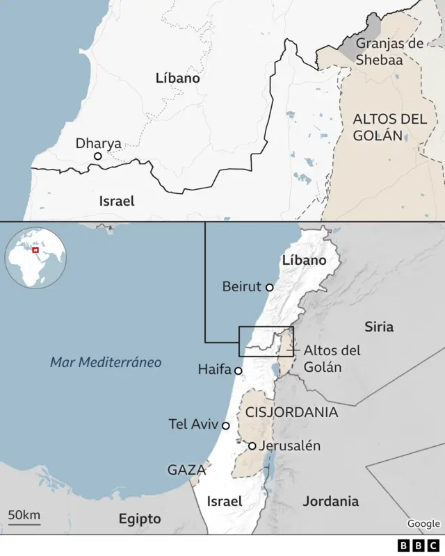 Mapa de la frontera entre Líbano e Israel.