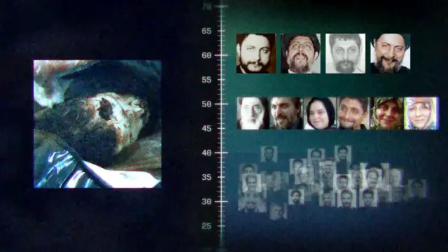 Una foto a la izquierda de un cadáver en una morgue y a la derecha fotos de parientes de Sadr y otra serie de fotos de hombres de Medio Oriente. En el centro hay una escala con números que divide las dos partes de la foto