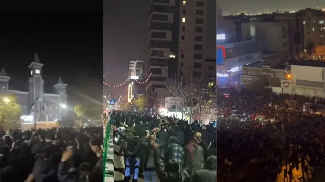 Una fotografía compuesta de tres manifestaciones diferentes en tres ubicaciones geográficas de Irán, que muestra grandes multitudes marchando.