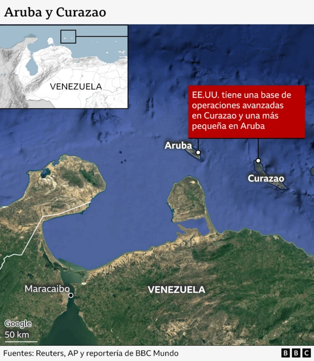 Mapa que muestra la situación geográfica de Aruba y Curazao