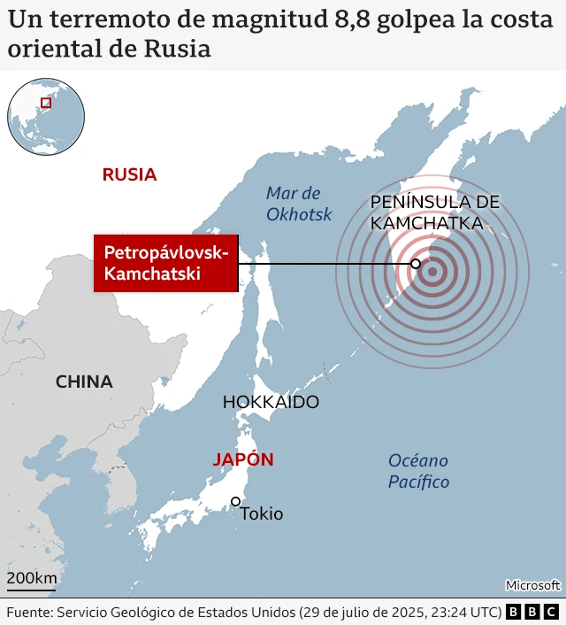 Mapa de la ubicación del terremoto frente a Rusia y de las zonas afectadas.