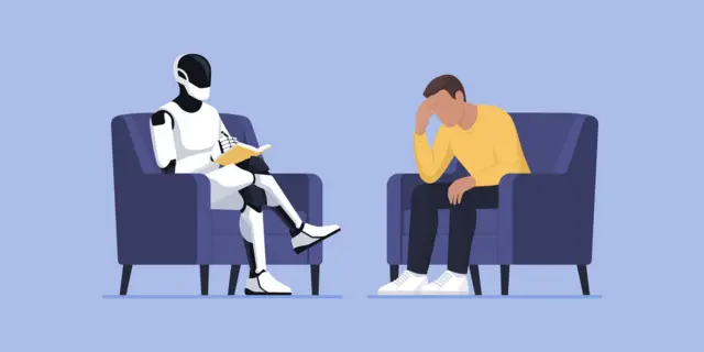Ilustración de un terapeuta artificial en sesión con un paciente