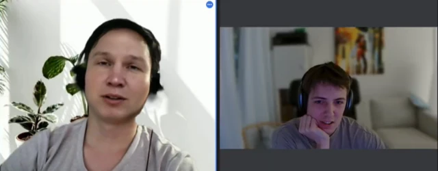Captura de pantalla de una entrevista en video. Dawid Moczadło, cofundador de Vidoc Security Lab (a la derecha), entrevista a un candidato (a la izquierda) que parece estar utilizando un software de IA para ocultar su rostro.