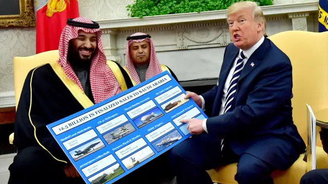 Trump sostiene un gráfico que muestra la venta de equipos militares durante una reunión con el príncipe heredero saudita, Mohammed bin Salman, en la Casa Blanca, 20 de marzo de 2018