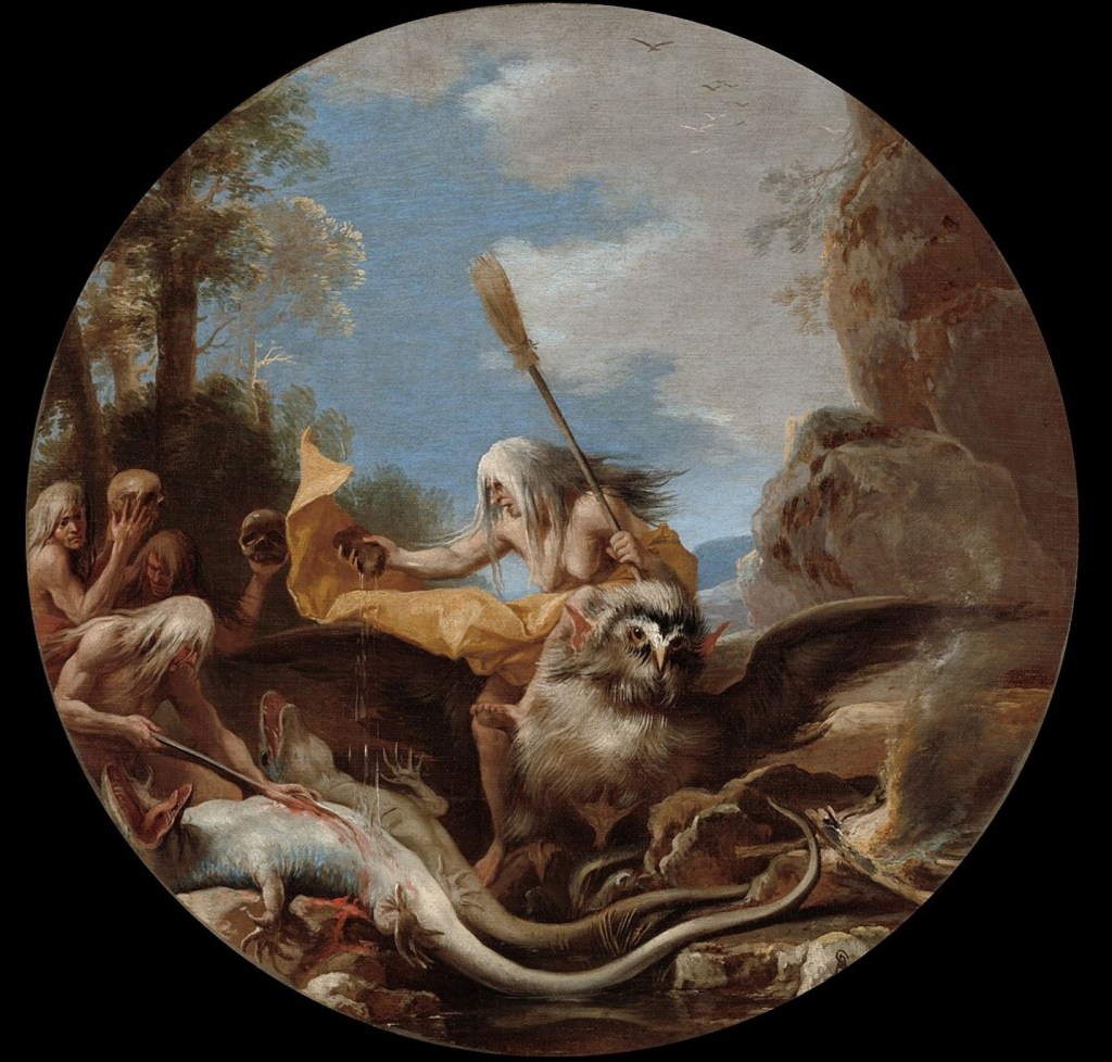 Brujas realizando rituales con cráneos y reptiles en un cuadro de Salvator Rosa