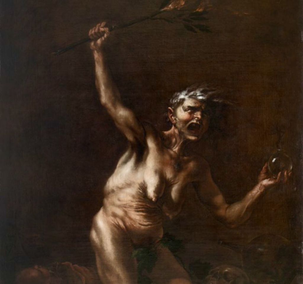 Una bruja anciana y desnuda realizando un ritual en un cuadro de Salvator Rosa 