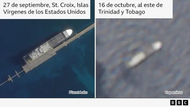 Dos imágenes satelitales una al lado de la otra. La de la izquierda muestra un barco atracado en las Islas Vírgenes de los Estados Unidos, la de la derecha parece mostrar el mismo contorno del barco frente a Trinidad y Tobago.