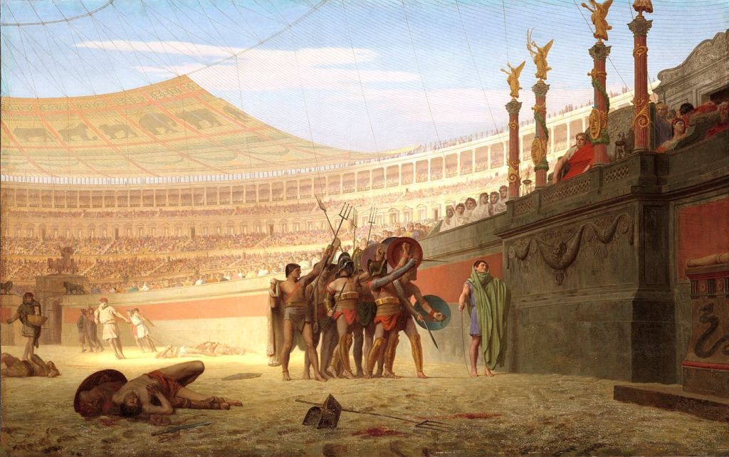 Pintura decimonónica con gladiadores en la arena