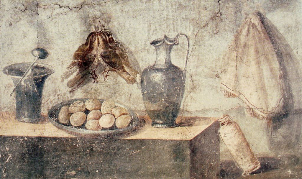 Fresco pompeyano con naturaleza muerta (aves, huevos, menaje)