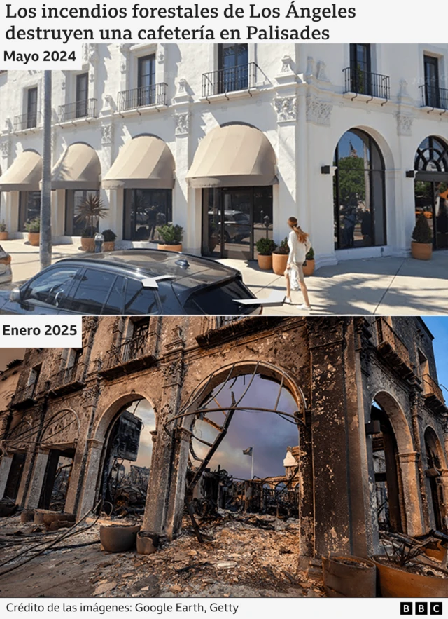 Dos imágenes del antes y el después de los incendios de Los Ángeles donde se muestra cómo quedó de destrozada una cafetería en Palisades. 