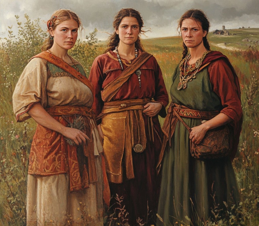 Reconstrucción ficticia de tres mujeres de un poblado británico de la Edad del Hierro