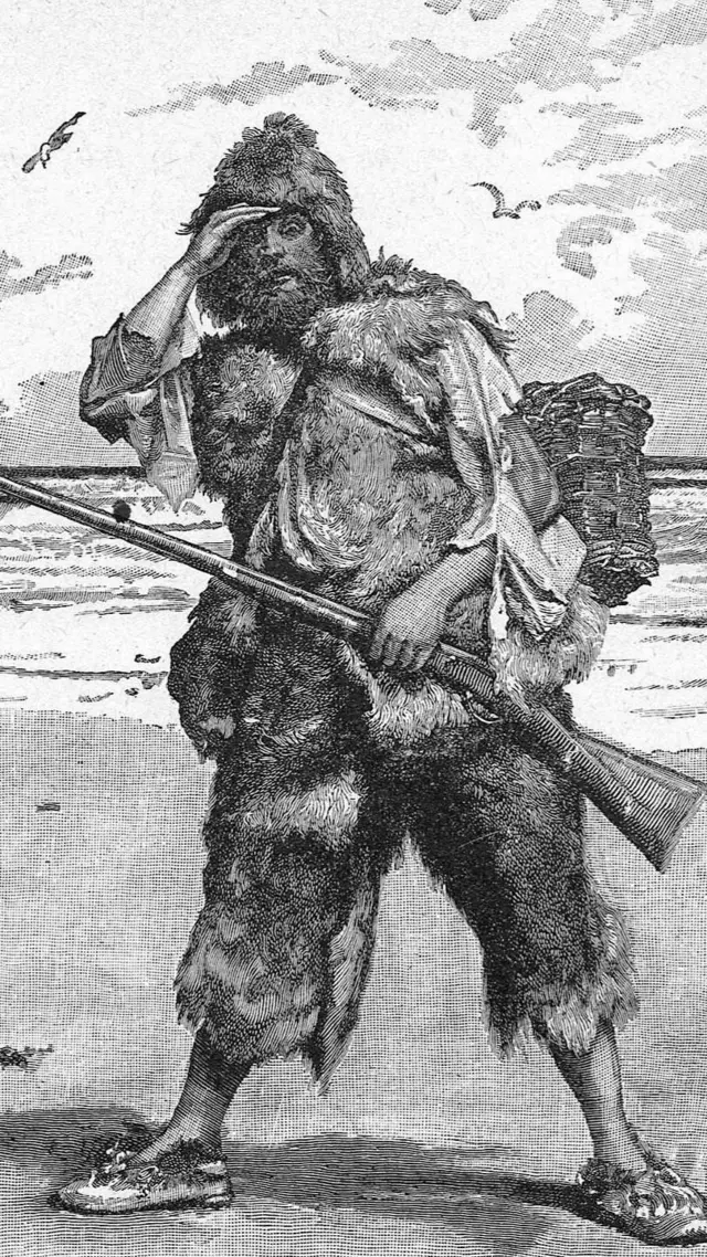 Un grabado de Wal Paquet del personaje ficticio Robinson Crusoe