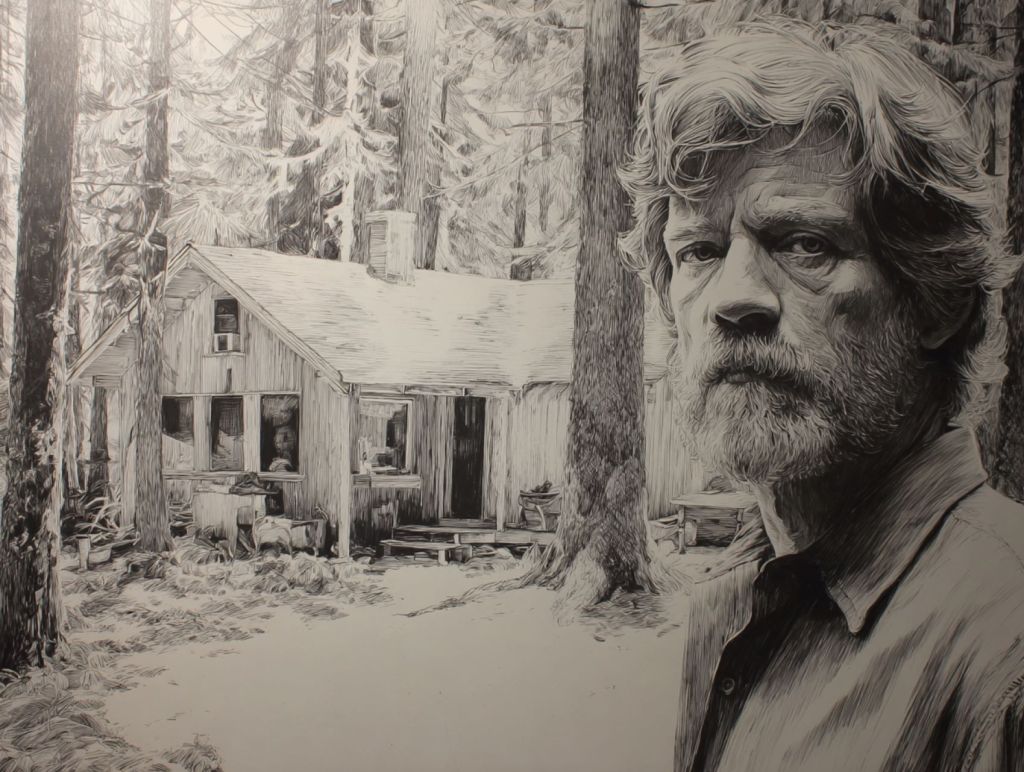 Hombre en el bosque juntoa una cabaña