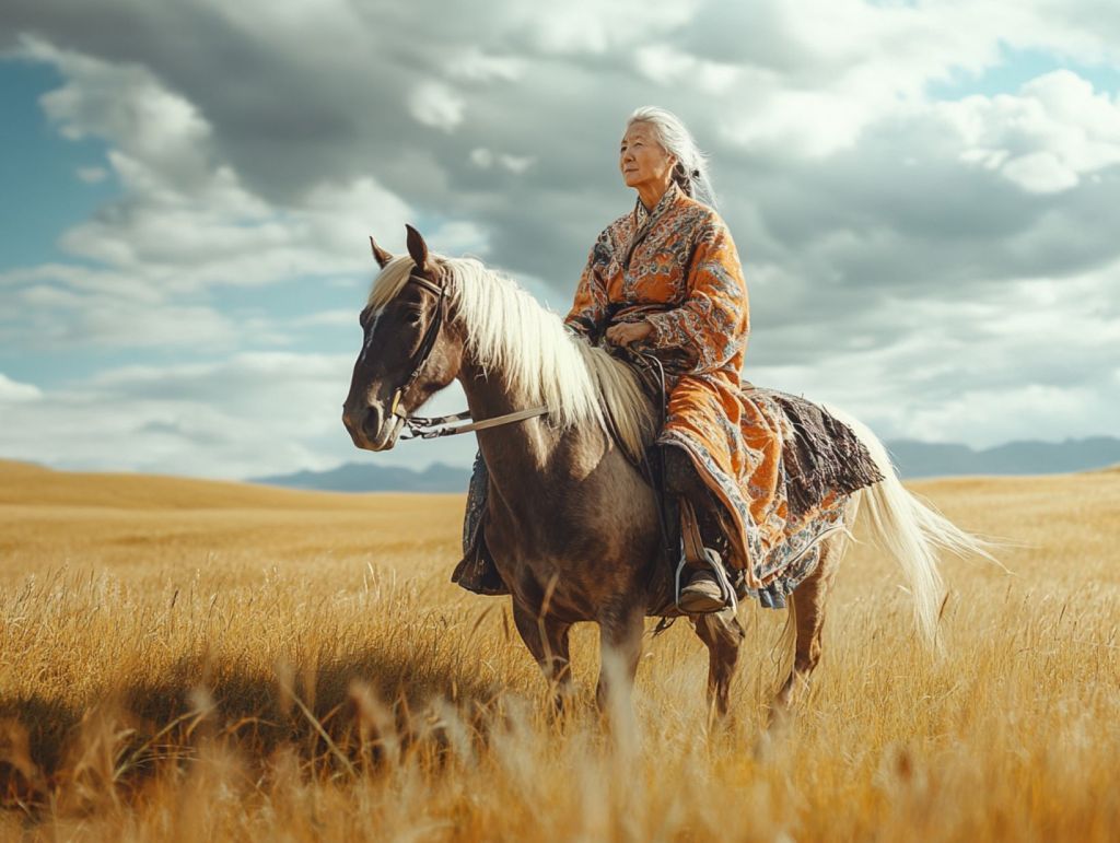 Recreación ficticia de una mujer china a caballo