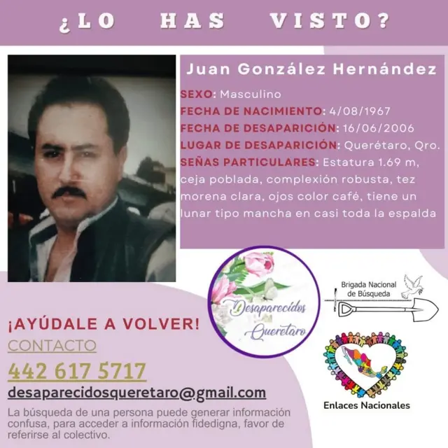 Afiche con información sobre el hermano de yadira gonzález que utilizan en el proceso de búsqueda. Tiene la imagen de Juan González Hernández y describe su físico.