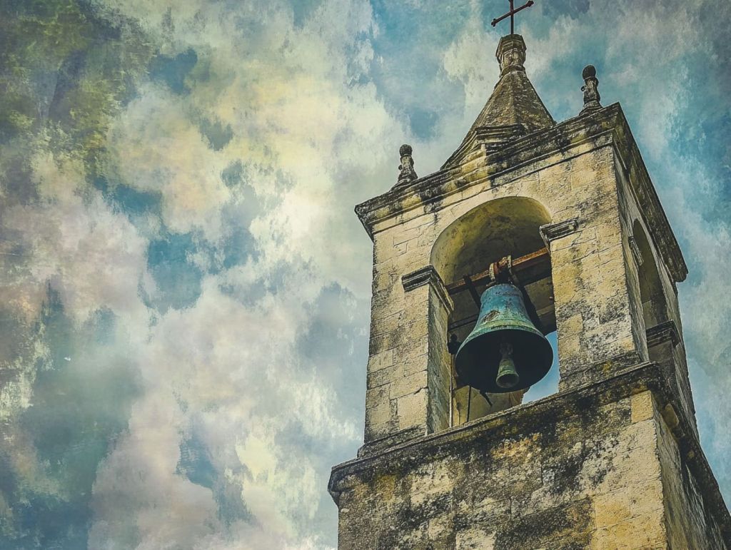 Recreación de un campanrio recortado sobre un cielo de nubes 