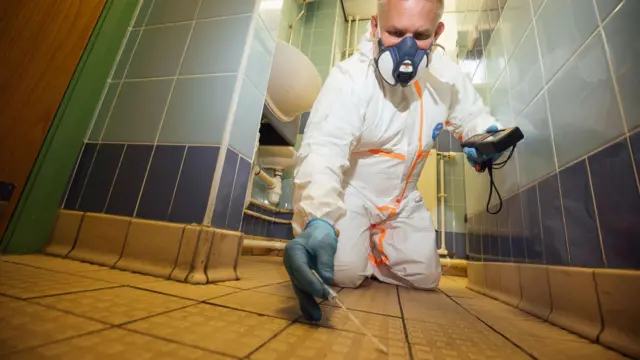 Ben Giles fotografiado arrodillado en un baño con azulejos azules. Lleva equipo de protección personal blanco completo, guantes de látex azules y sostiene un hisopo de algodón contra las baldosas del suelo. En la otra mano sostiene un dispositivo negro. Lleva una mascarilla y tiene el pelo corto y canoso. Al fondo, se ven dos lavabos blancos.