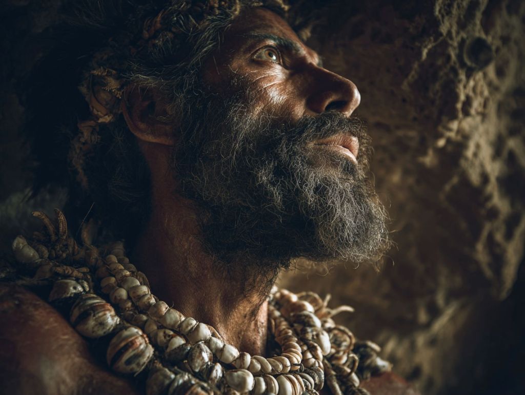 Hombre prehistórico con collares de conchas