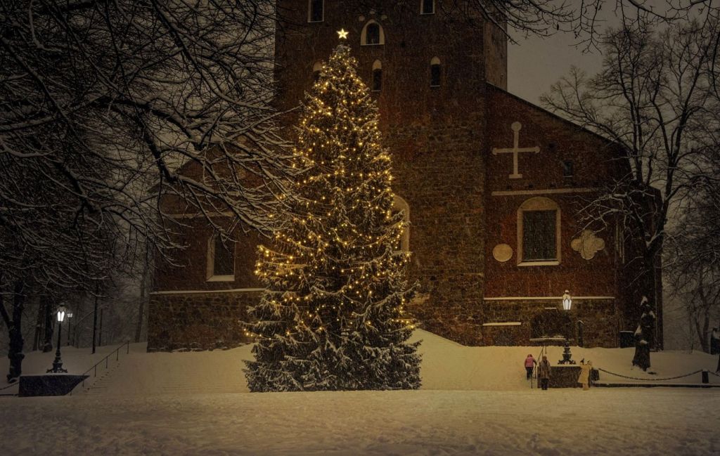 Árbol de navidad junto a una iglesia.