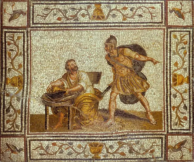 Mosaico romano de la época imperial representando la muerte de Arquímedes quien fue asesinado por un soldado romano en Siracusa.