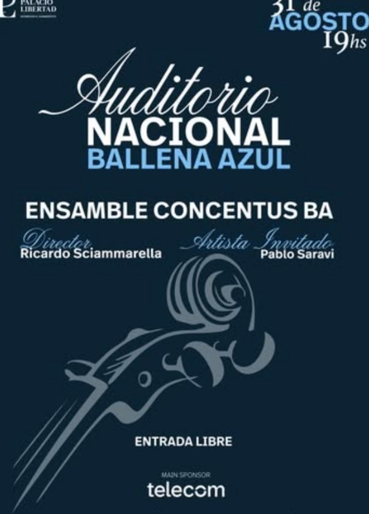 El afiche para el concierto de Ensamble Concentus BA, que se hará en la sala Ballena Azul, del Palacio Libertad.