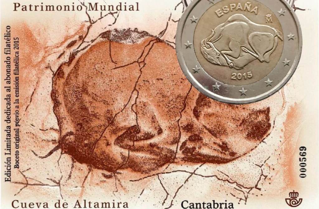 Moneda conmemorativa de dos euros dedicada a Altamira. Boceto del sello de correos dedicado a Altamira que se emite en 2015. ASC.