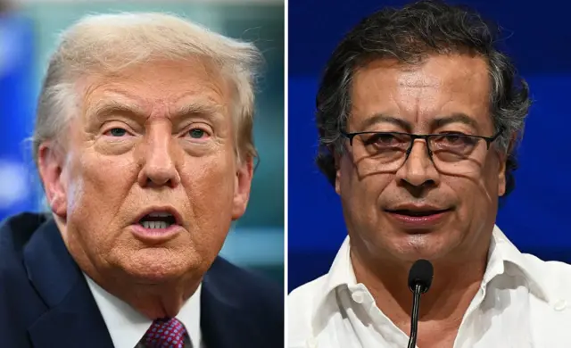 Montaje con una fotografía en primer plano de Donald Trump (d) y Gustavo Petro (i). 