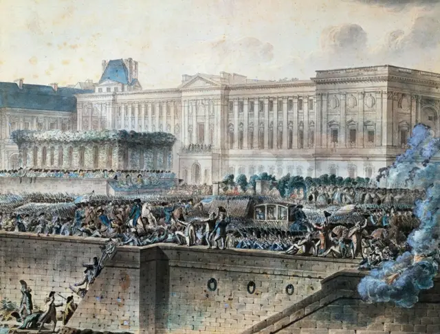 Una pintura de una escena de batalla de la Revolución Francesa frente al palacio del Louvre