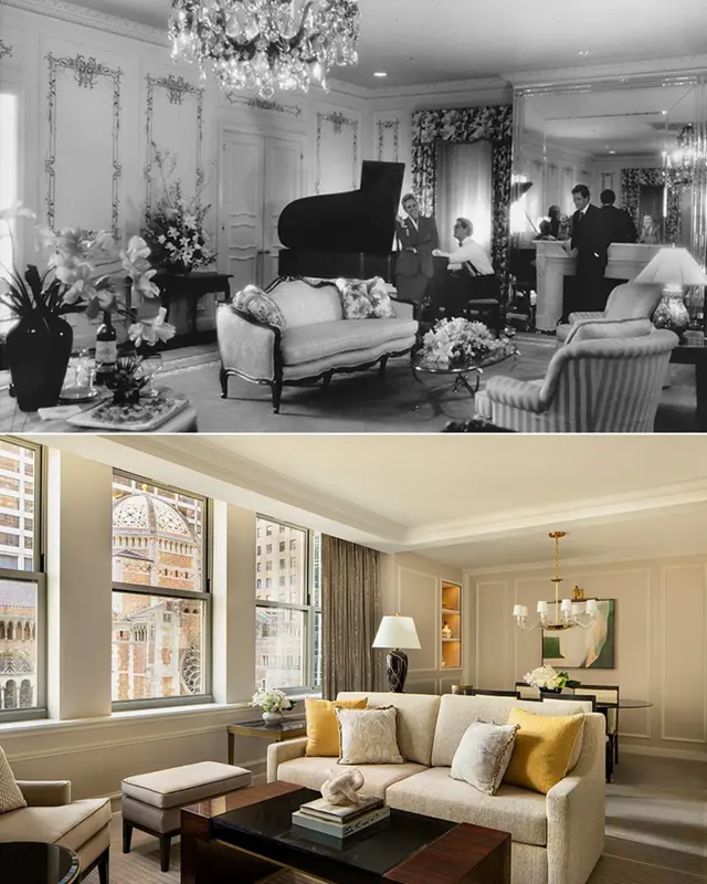 Arriba, una imagen antigua de una habitación con un sofá, sillones y un piano de cola. Abajo, una habitación con una sala vestida con un sofá y sillones modernos, con una mesa de living de madera en el centro.
