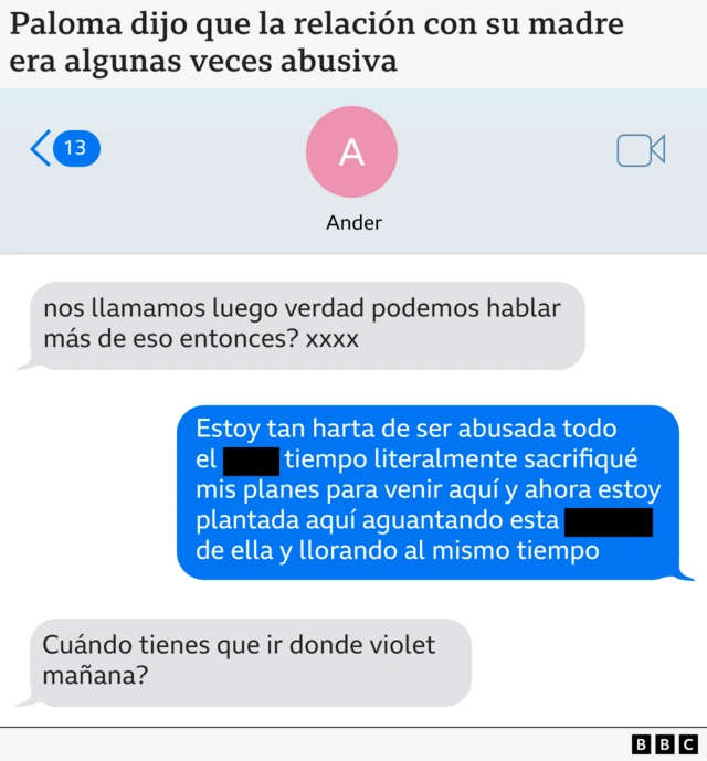 Un gráfico muestra el intercambio de textos entre Paloma y su novio Anders en el que ella le dice: