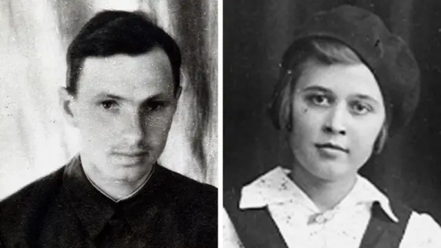 Composición de dos imágenes en blanco y negro: a la izquierda, el padre de Alexievich, de joven, con una chaqueta de uniforme, y a la derecha, su madre, retratada de adolescente, con una boina en un ángulo alegre.