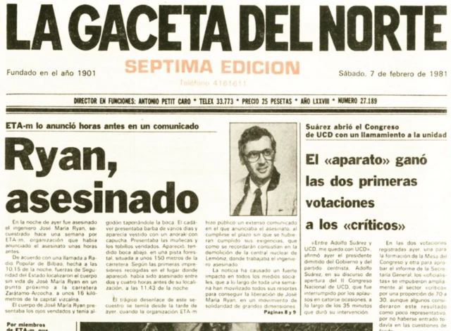 Portada con la noticia del asesinato del ingeniero José María Ryan.