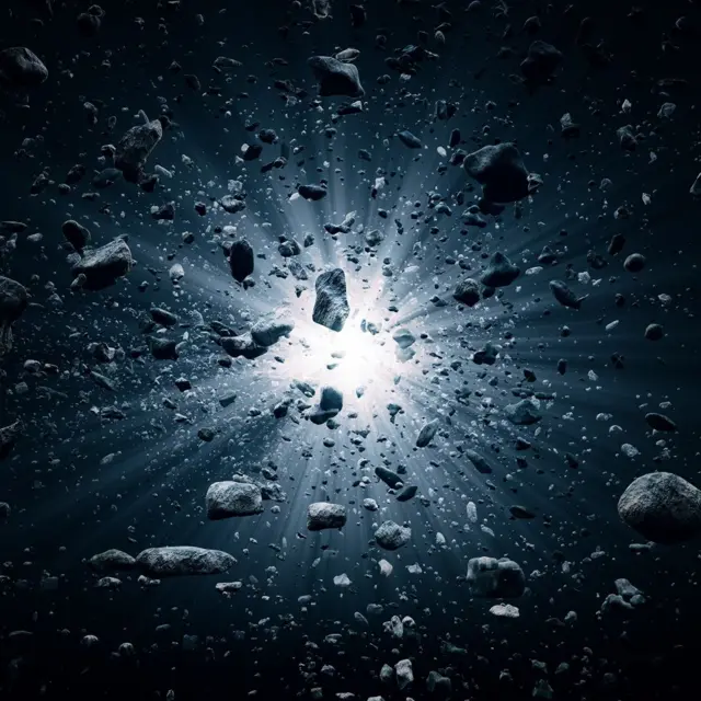 Una ilustración en la que se ve una luz blanca en el centro desde la cual salen rocas volando