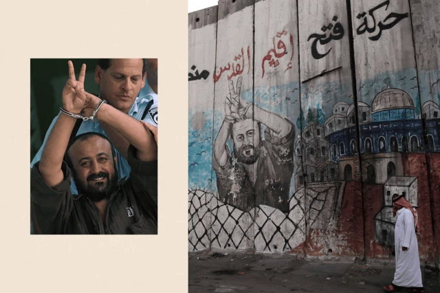 Dos imágenes: a la izquierda, Marwan Barghuti, esposado, hace la señal de la victoria; a la derecha, un palestino camina junto a la barrera de separación israelí, pintada con una imagen del líder de Fatah encarcelado Marwan Barghuti.