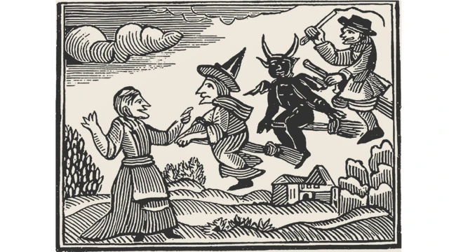 Grabado antiguo que muestra figuras volando en escobas, incluyendo una con sombrero puntiagudo y otra con cuernos, frente a una persona en tierra.