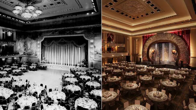 Dos imágenes, una antigua y otra actual, del salón de baile con mesas redondas y sillas alrededor. De fondo, un escenario con un gran telón en la foto antigua, mientras que en la versión moderna el escenario tiene una forma curva y está decorado con muchas luces.