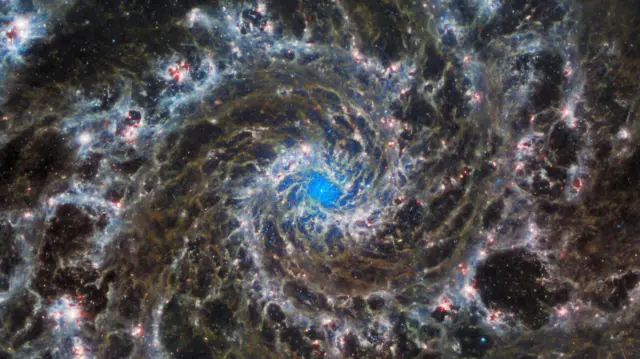 Se ven filamentos de gas y polvo de color gris y marrón que se extienden en espiral hacia afuera desde un brillante cúmulo de estrellas azules en el centro de una galaxia.