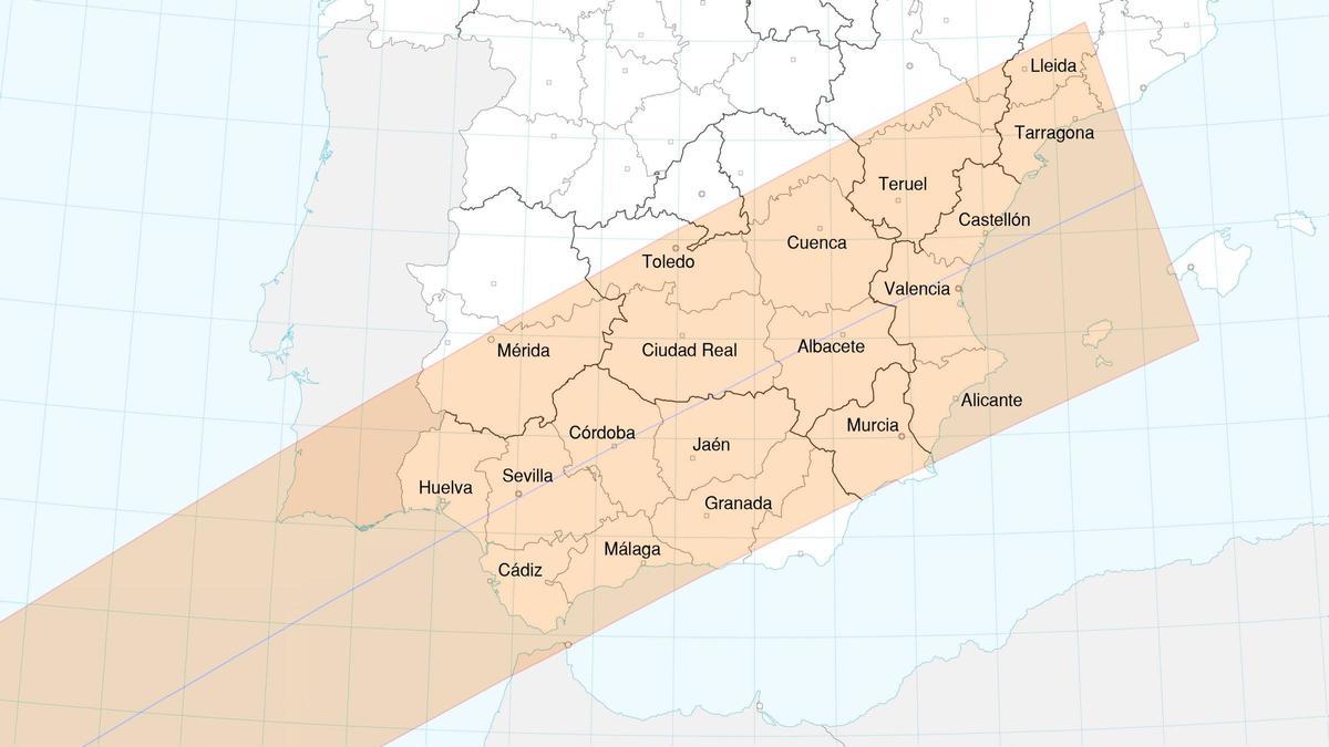 Franja donde se podrá ver el eclipse de sol de forma total el 28 de enero de 2028.