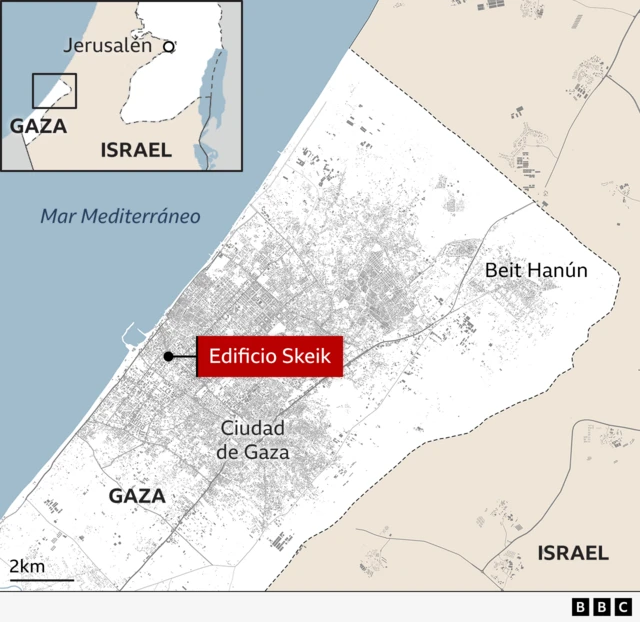 Un mapa señala el edificio Skeik en Ciudad de Gaza.