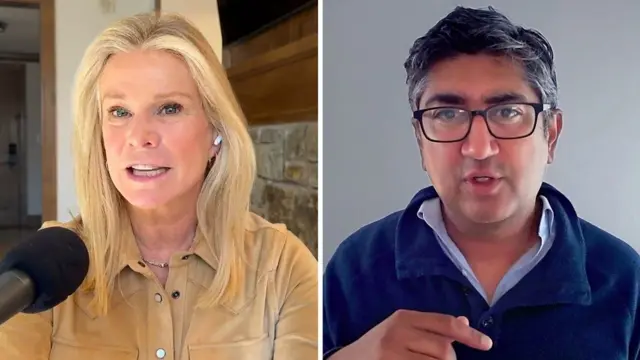 La periodista Katty Kay y el ejecutivo de LinkedIn Aneesh Raman sostienen una conversación por videollamada.