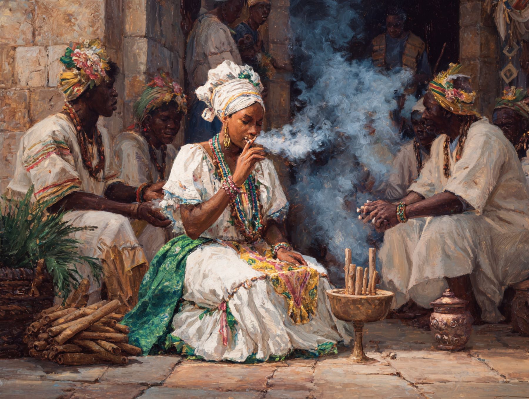 Recreación ficticia de ritual con tabaco