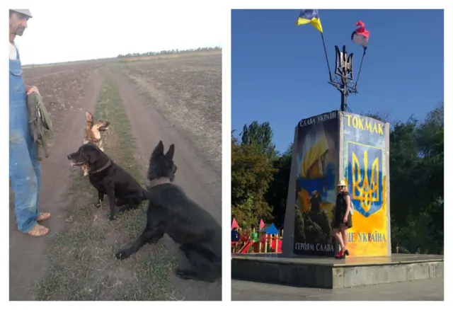 Hay dos fotos. En una, Sergei está en el campo con tres perros. En la otra, Tatiana está de pie frente a un monumento decorado en azul y amarillo (los colores de la bandera ucraniana) con la inscripción