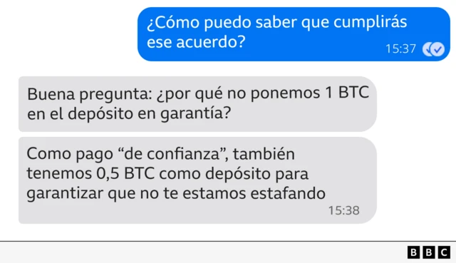 Una captura de pantalla de la conversación de texto, en la que Joe Tidy pregunta cómo sabe que los estafadores cumplirán ese acuerdo, y Syn responde 
