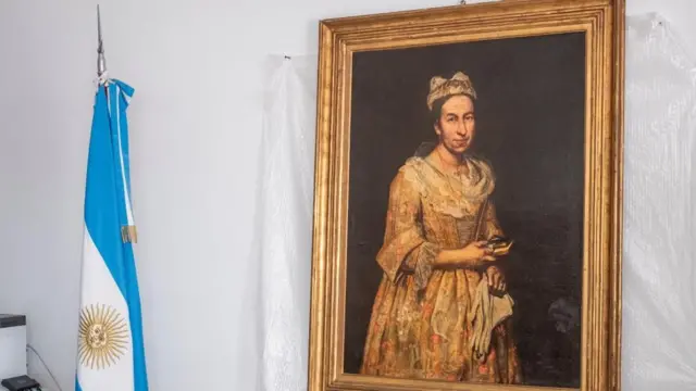 La pintura de Contessa Colleoni del artista italiano Giuseppe Ghislandi vista durante una conferencia de prensa en Mar del Plata, Argentina.